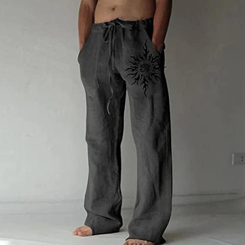 1 מזדמן כותנה פשתן מכנסיים גברים, בסיסי משקל בינוני שרוך מהיר יבש רופף קומפי מכנסיים,מודפס חגורת מכנסיים
