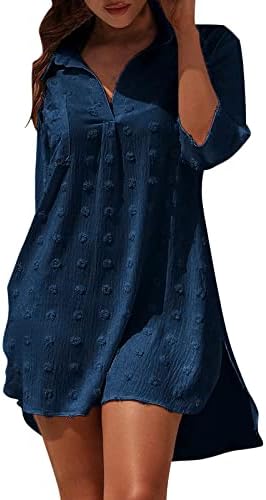 Lariau שמלת קיץ מזדמנים נשים בגד ים בחוף ים ביקיני ביקיני חוף חופשה חוף כיסוי חולצה שמלת כיס רשמית שמלת פשתן כחול כהה