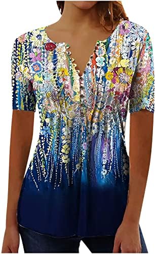 צמרות נשים Mrgiinri 2023 שרוול קצר בקיץ V חולצות פרחים צוואר חולצות טוניקה קפלים זורמים זורמים עם כפתורים עם כפתורים